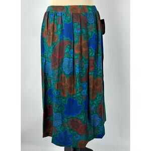 Vintage Floral Paisley Pleated Midi Skirt Blue Jewel Tones Botanical Dark Mori L